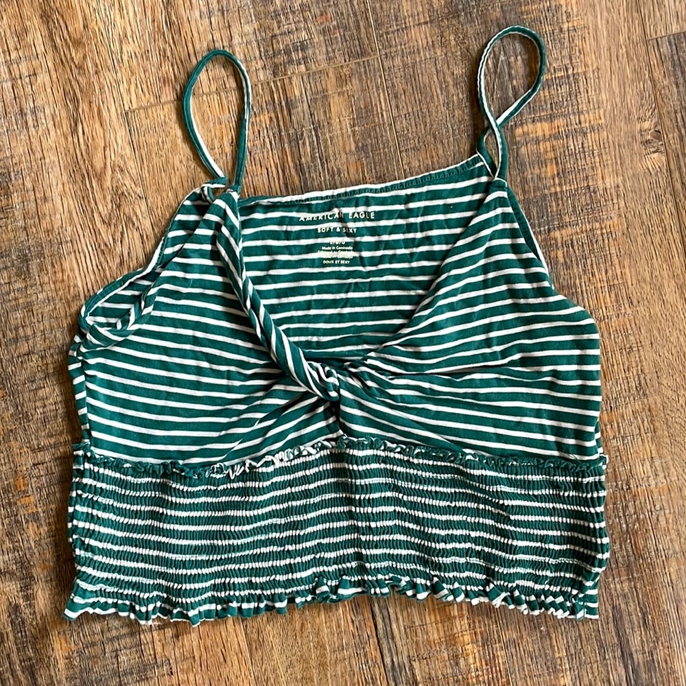 American Eagle green and white twist front tank top.